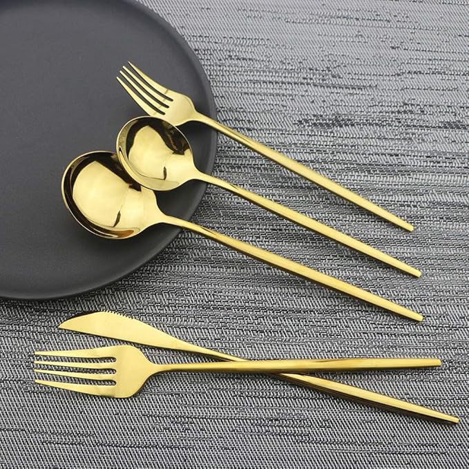 Shiny Gold Silverware Set, JASHII 20-Piece Stainless Steel Satin Finish Flatware Set, Kitchen Utensil Set, Mirror Polished Tableware Cutlery Set for Home and Restaurant, Dishwasher Safe