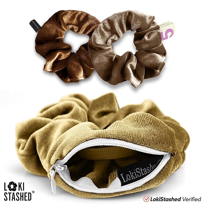 3-PACK Velvet Hair Tie Scrunchies for VSCO Girls & Women, THE ORIGINAL HIDDEN POCKET SCRUNCHIE with Zipper Pocket Storage, Accessories, Small Items, Keys, Money (Golden Hour Set)