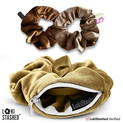 3-PACK Velvet Hair Tie Scrunchies for VSCO Girls & Women, THE ORIGINAL HIDDEN POCKET SCRUNCHIE with Zipper Pocket Storage, Accessories, Small Items, Keys, Money (Golden Hour Set)