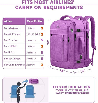 50L Carry On Backpack, Extra Large Laptop Backpack, Travel Backpack for Women, Expandable Water Resistant Big Bag Anti-Theft Business Daypack Fit 17 Inch Laptop with USB Port,Purple
