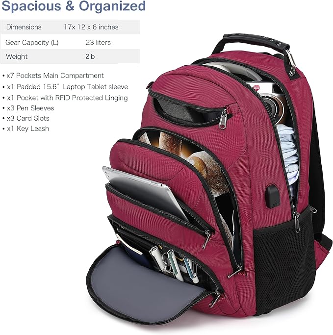 Boavan Laptop Backpack for men, 15.6 inch Laptop Bag with USB Port, Waterproof Travel Work Backpack Purse, Anti-Theft Teacher Nurse Doctor Casual Bookbags Office Business backpack，Russet Red