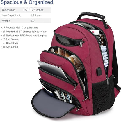 Boavan Laptop Backpack for men, 15.6 inch Laptop Bag with USB Port, Waterproof Travel Work Backpack Purse, Anti-Theft Teacher Nurse Doctor Casual Bookbags Office Business backpack，Russet Red