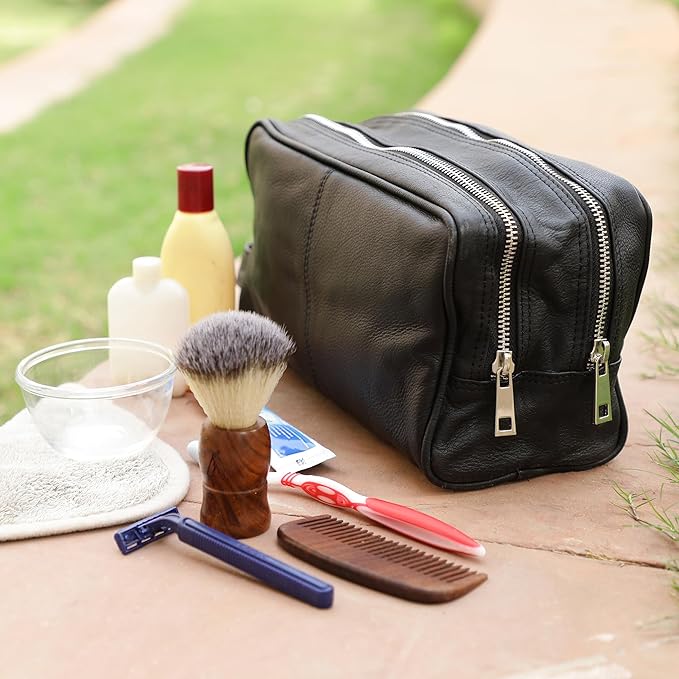 RUSTIC TOWN Full Grain Leather Travel Toiletry Bag - Cosmetic Makeup Kit Organizer (Medium, Black)