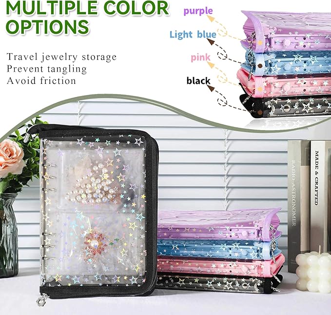 Jewelry Organizer Case Travel Clear Earring Organizer Case Transparent Jewelry Storage Book with Clear Zippered Jewelry Pouch (Black, with 48 Pcs large Jewelry Pouches)