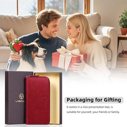 VISOUL Leather Long Zipper Pouch Wallet for Men and Women with RFID Blocking, Large Clutch Cash Long Wallet with Zipper (Burgundy)