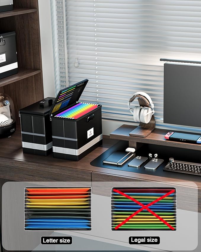 Oterri 2 Pack Fireproof Document Box With Lock, Portable File Safe Box Fireproof Waterproof For Letter Files, Collapsible Fireproof File Box With Handle Black