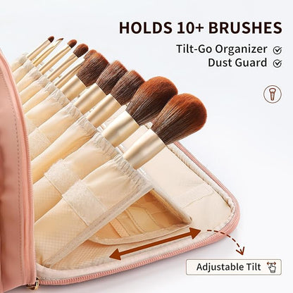 Large Travel Toiletry Bag with Makeup Brush Holder, 25 Pockets, Double Reinforced Handles & Luggage Sleeve, Waterproof PU Leather Cosmetic Organizer (Pink)