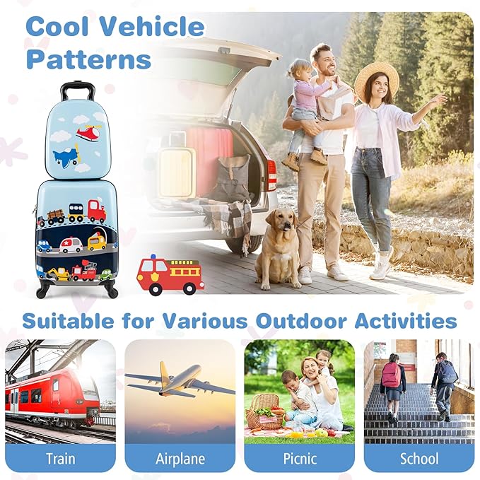 BABY JOY 2 PCS Kids Luggage, 16” Carry-on Hardshell Suitcase with Wheels & Hardside Backpack for Boys Girls, Airline-Approved Toddler Travel Luggage Set (Little Car)