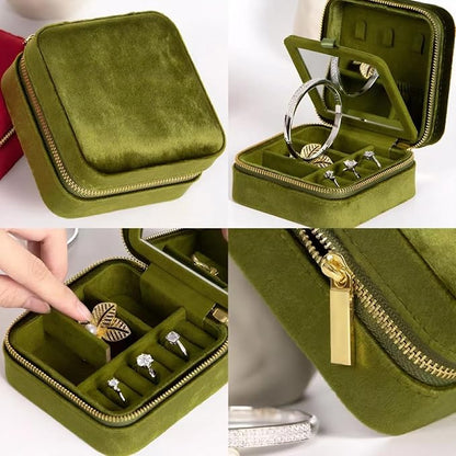 Velvet Jewelry Box, Small Travel Jewelry Organizer, Portable Jewelry Case for Women with Mirror, Green Mini Plush Travel Box