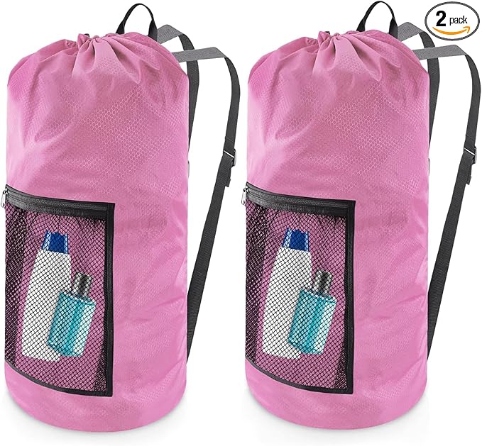 Laundry Bag Backpack,Olosar 2PCS Extra Large Travel Laundry Bag with Mesh Pocket & Adjustable Shoulder Straps,Dirty Clothes Travel Bag for College Students Dorm,Apartment(Pink)