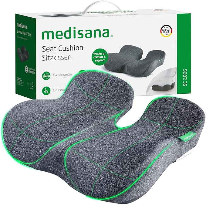 Medisana Seat Cushion, SC 200G Seat Cushions for Office Chairs, Car Seat, Wheelchair - Sciatica & Tailbone & Coccyx Pain Relief Pillow for Driver Sedentary People（Size:22.8 * 16.5 * 4.3 in-Grey）