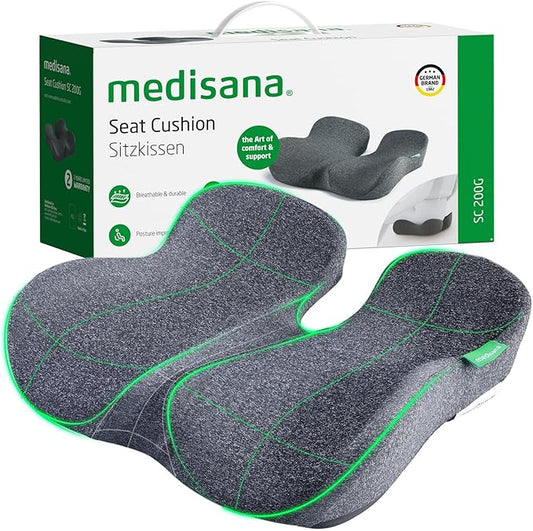 Medisana Seat Cushion, SC 200G Seat Cushions for Office Chairs, Car Seat, Wheelchair - Sciatica & Tailbone & Coccyx Pain Relief Pillow for Driver Sedentary People（Size:22.8 * 16.5 * 4.3 in-Grey）