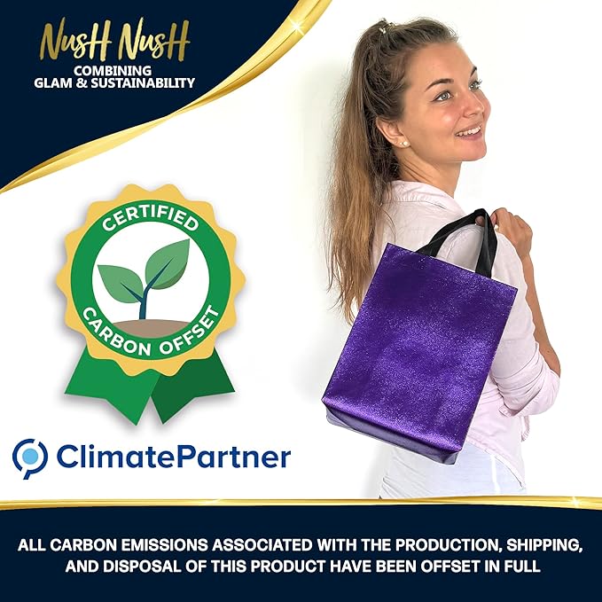 Nush Nush Set of 60 Shiny Purple Gift Bags Bulk Medium Size - Reusable Bulk Gift Bags with Handles - Ideal Goodie Bag For Halloween, Holiday, Small Business, Gifting Events, Birthday - 8Wx4Dx10H