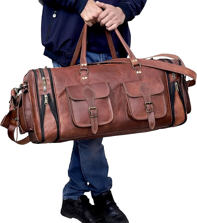 Genuine Leather Duffle Bag 24 Inch Handmade Vintage Travel Case Luggage Bags for Men, Overnight Carry On Duffel Bag Medium Weekender Gym Bag for Men and Women