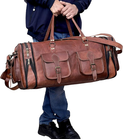 Genuine Leather Duffle Bag 24 Inch Handmade Vintage Travel Case Luggage Bags for Men, Overnight Carry On Duffel Bag Medium Weekender Gym Bag for Men and Women