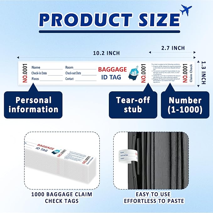 1000 Luggage Tags Hotels Baggage Claim Check Tags with Transfer Tape Serial Numbering (1-1000) Paper Luggage Tags Hotel Luggage Claim Bag Tags Claim Tickets for Hotel Luggage Identification (1)