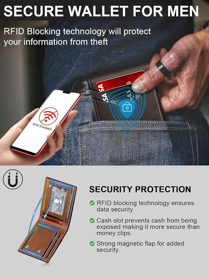 Wallet for Men Slim Leather Wallets for 13-17 Cards, RFID Blocking Thin Card Holder Wallet with ID Window & Large Capacity Cash Slot, Minimalist Bifold Small Wallet for Front Pocket, Gift for Men