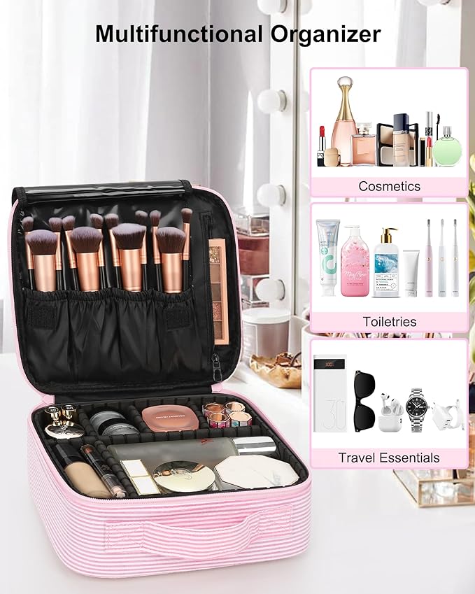 Relavel Travel Makeup Train Case, Portable Cosmetic Case Makeup Organizer, Professional Artist Storage Bag with Adjustable Dividers for Cosmetics Brushes, Birthday Gifts for Girls, Pink Stripe
