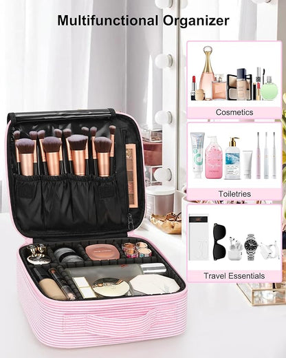 Relavel Travel Makeup Train Case, Portable Cosmetic Case Makeup Organizer, Professional Artist Storage Bag with Adjustable Dividers for Cosmetics Brushes, Birthday Gifts for Girls, Pink Stripe