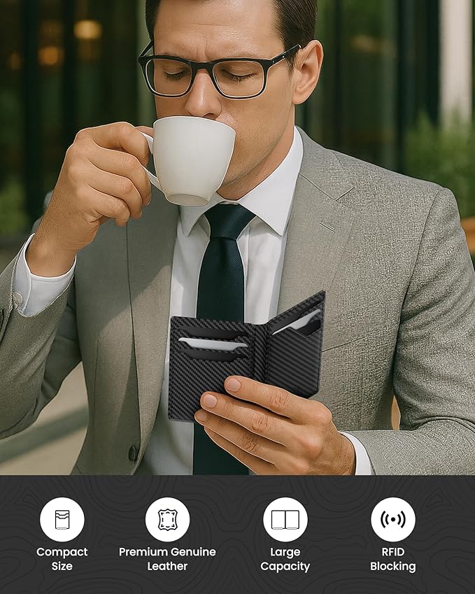 typecase Leather Wallet for Men Card Holder: Premium Genuine Leather, RFID Blocking, Slim, Minimalist, Front Pocket - 15 Cards Capacity | ID Window | Money Clip (Carbon Fiber)