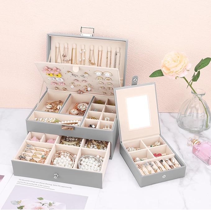 DesignSter Jewelry Organizer Box, 2 Layers Large Jewelry Box with Travel Jewelry Case, Leather Jewelry Storage Case for Rings Earrings Bracelets Necklaces (Gray)