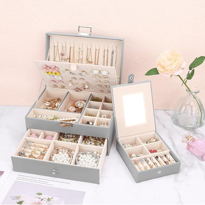 DesignSter Jewelry Organizer Box, 2 Layers Large Jewelry Box with Travel Jewelry Case, Leather Jewelry Storage Case for Rings Earrings Bracelets Necklaces (Gray)