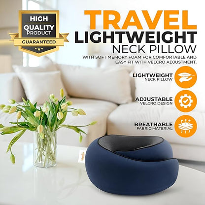 EdgeVoy™ Travel Neck Pillow, Memory Foam Travel Pillow for Airplanes, 360º Ergonomic Design, Asymmetrical Sides, Washable Modal Cover, Ideal for Travel, Car Rides, & Home Use (Navy Blue)