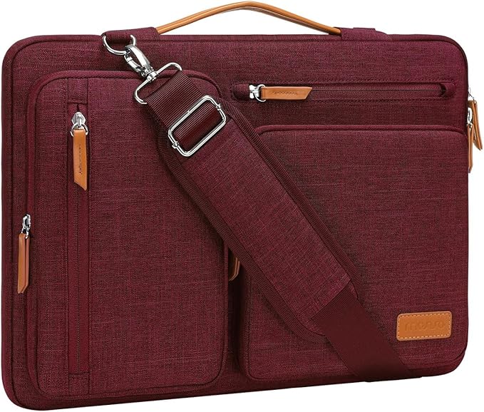MOSISO 360 Protective Laptop Shoulder Bag,15-15.6 inch Computer Bags Compatible with MacBook Pro 16 inch, HP, Dell, Lenovo, Asus Notebook,Side Open Messenger Bag with 4 Zipper Pockets, Wine Red
