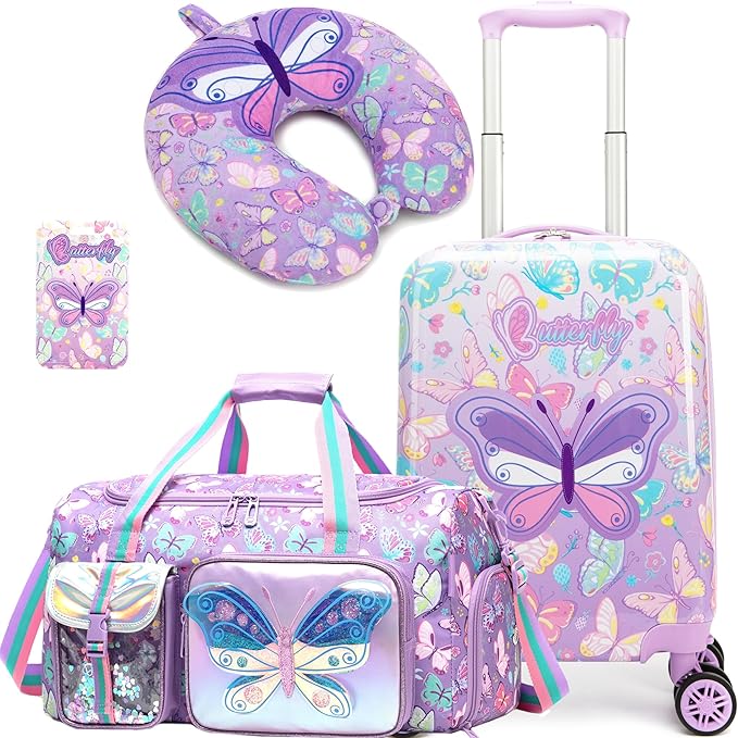 Kid's Luggage Set 3 Piece Suitcase Set 16" Hardside Luggage with Spinner Wheels Girls Carry on Toddler Travel Rolling Suitcase with Duffle Bag Neck Pillow Airline Approved