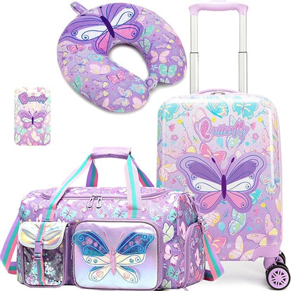 Kid's Luggage Set 3 Piece Suitcase Set 16" Hardside Luggage with Spinner Wheels Girls Carry on Toddler Travel Rolling Suitcase with Duffle Bag Neck Pillow Airline Approved