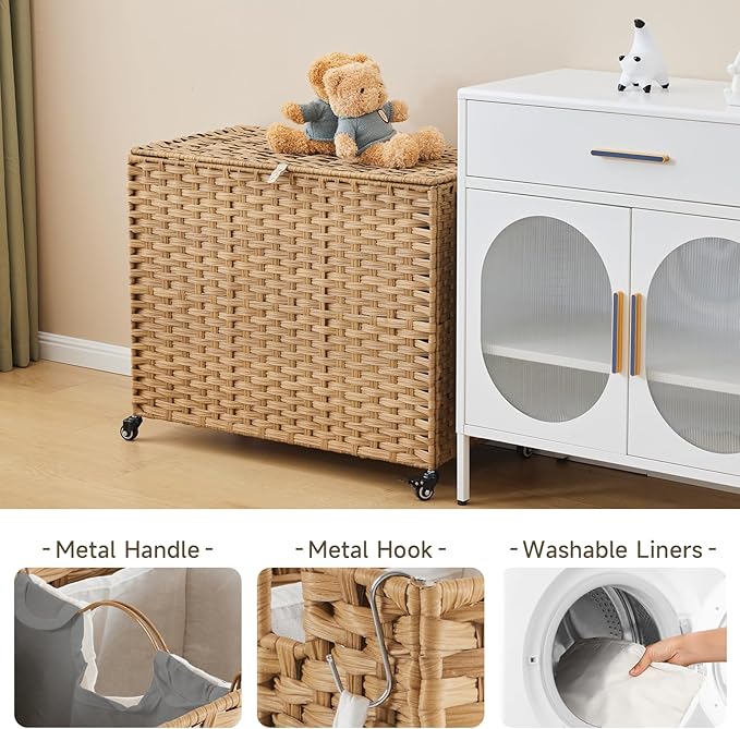 Laundry Hamper with Wheels, 52.8 Gallon(200L) Rolling Laundry Basket with Lid, Removable Large 3 Color Liners & 3 Mesh Laundry Bags, Clothes Hamper with Side Pocket, Natural