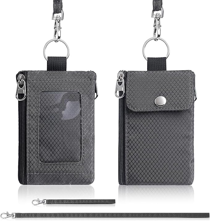 Minimalist Wallet For Mens Womens, Keychain RFID Blocking Zipper Small Wallet with ID Window 2 Lanyards,Water Resistant Travel Cash Card Coin Case Boys Girls