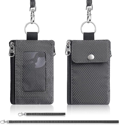 Minimalist Wallet For Mens Womens, Keychain RFID Blocking Zipper Small Wallet with ID Window 2 Lanyards,Water Resistant Travel Cash Card Coin Case Boys Girls