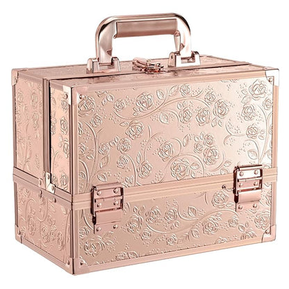 FRENESSA Makeup Case 11.8 Inch Makeup Organizer Case Large Cosmetic Box with Mirror Portable 3 Trays Travel Storage Box for Make Up Nail Tech Kits Cosmetology Case 3D Rose Gold Floral
