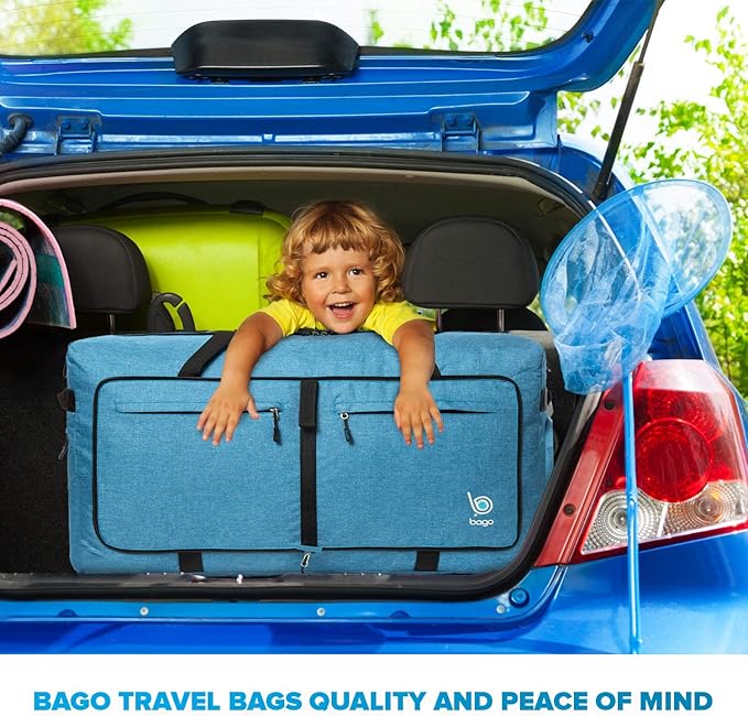 Bago Large Foldable Duffel Bags for Traveling Women & Men - 100L Packable Duffle Bag for Travel with Shoe Compartment - Water Repellant, Heavy Duty, Lightweight Folding & Collapsible (SnowBlue)