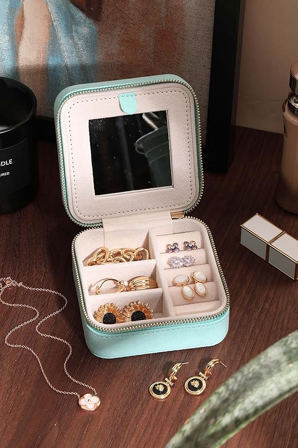 S.Leaf Travel Jewelry Organizer Boxes for Women Small Portable Necklace Earrings Bracelet Rings Travel Case Best Friend Birthday Gifts for Women Trendy (07_Suede_Touch_Mint_Green)