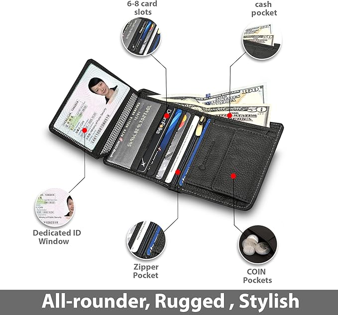 Hum & Hide Full-Grain Leather Wallet for Men – RFID Blocking Slim Bifold, Genuine Cowhide with 8 Card Slots, Coin Pocket & ID Window, Minimalist Leather Gift Wallet (Grey)