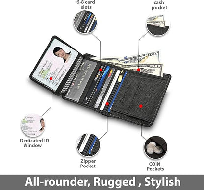 Hum & Hide Full-Grain Leather Wallet for Men – RFID Blocking Slim Bifold, Genuine Cowhide with 8 Card Slots, Coin Pocket & ID Window, Minimalist Leather Gift Wallet (Grey)