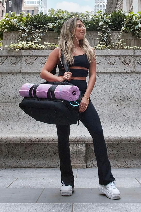 Joan & David 21" Weekender Yoga Gym Duffel Bag with Neoprene Zippered Drop Bottom Compartment Lined In Peva for Non-absorbtion of Odors, Detachable Pouch, Including TSA Approved Bottles (Black)