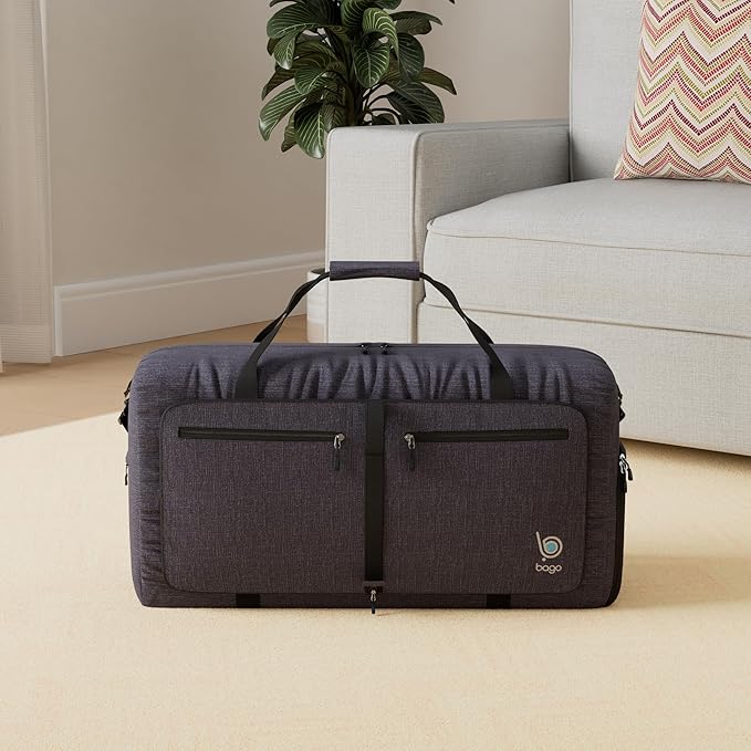 Bago Foldable Duffel Bags for Traveling Women & Men - 40L Sports Packable Duffle Bag for Travel with Shoe Compartment - Water Repellant, Heavy Duty, Lightweight Folding & Collapsible (SnowBlack)