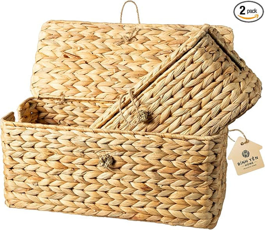 Wicker Cable Management Box with Lid, Set of 2 Handwoven Water Hyacinth Cords Hider Boxes for TV, Computer, Router, USB Hub to Hide Cords & Power Strip for Desk, Floor, Office