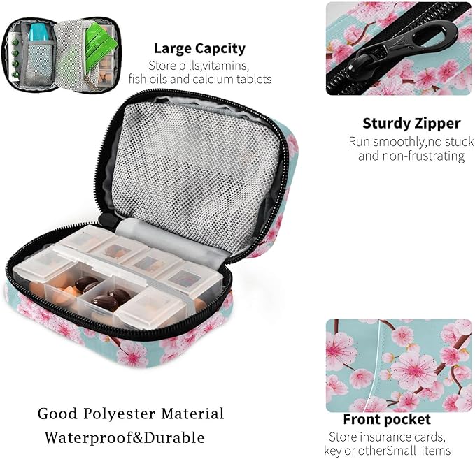 Fustylead Pink Cherry Flower Pill Organizer Travel Portable Zipper Cloth Bag for Holding Weekly Supplements Vitamins and Fish Oils