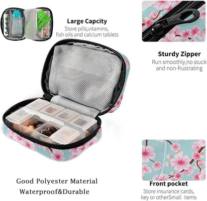 Fustylead Pink Cherry Flower Pill Organizer Travel Portable Zipper Cloth Bag for Holding Weekly Supplements Vitamins and Fish Oils