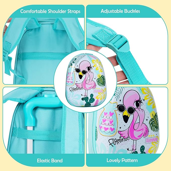 KOTEK Kids Carry On Luggage Set, 16" Hardside Rolling Suitcase with Spinner Wheels, Travel Rolling Luggage for Boys Girls (Flamingo)