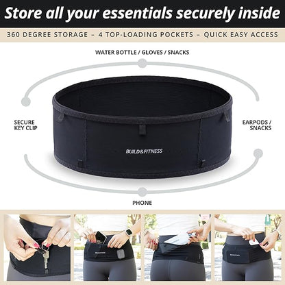 Build & Fitness LiteBelt Running Belt – 4 Quick Top-Access Pockets –Flip Waist Pack, Running Phone Holder – Fits All Size Phones, Keys, Cards, Earpods, GUs – for Men and Women (Black, XS)
