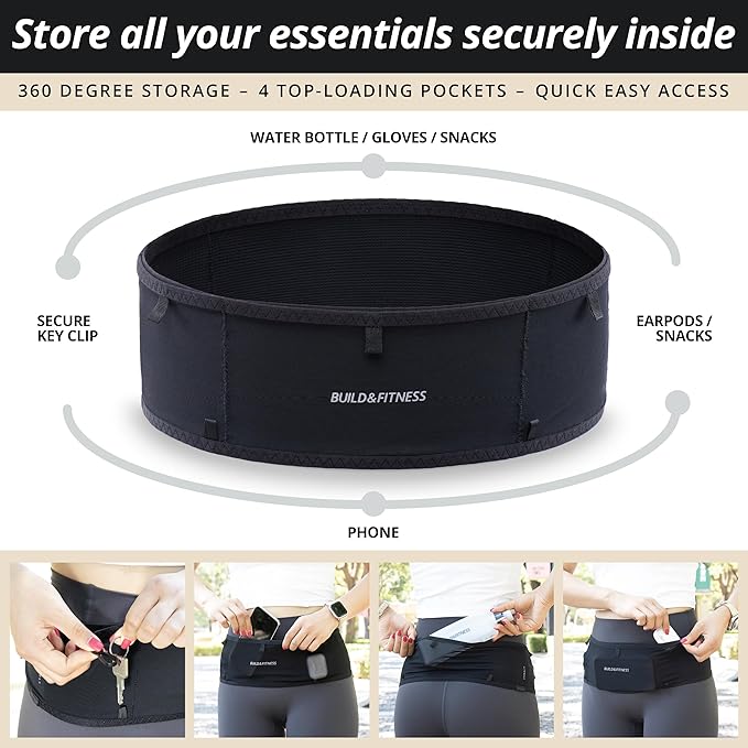Build & Fitness LiteBelt Running Belt – 4 Quick Top-Access Pockets –Flip Waist Pack, Running Phone Holder – Fits All Size Phones, Keys, Cards, Earpods, GUs – for Men and Women (Black, XL)