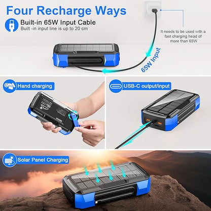 Solar Charger Power Bank 73200mAh, Portable Laptop Charger with 100W USB-C in/Output, Built-in Cables, Hand Crank Power Bank for Mobile Phones, Ideal for Outdoor Use with SOS/Strobe/Strong (blue)