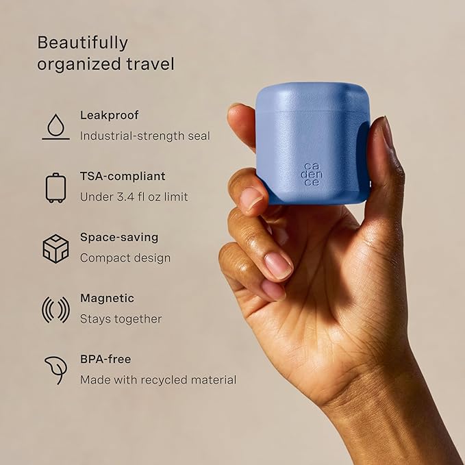 Cadence Travel Containers Haircare Capsule Set - Magnetic Containers with Lids,Carry On Travel Essentials For Women/Men - 3 Flex Mediums (1.32oz) - Shampoo, Conditioner & Comb Icon Labels - Pacific