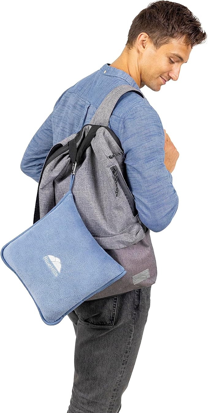 BlueHills Premium Soft Plush Travel Blanket Pillow for Airplane Traveling Essentials in a Bag Flight Throw with Hand Luggage Belt Backpack Clip Compact Portable Plane Accessories Grayish Blue - T026