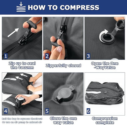 TPU Vacuum Bag for Travel, 70D Nylon Reusable Compression Bag with IP67 Waterproof Zipper, Compression Packing Cubes for Clothing, Space Saver Bags for Luggage and Backpack(Gray-2 PCS)